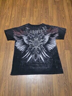 XZAVIER Mens XXL Black Winged Cross Graphic T Shirt Y2K Biker Tattoo Streetwear